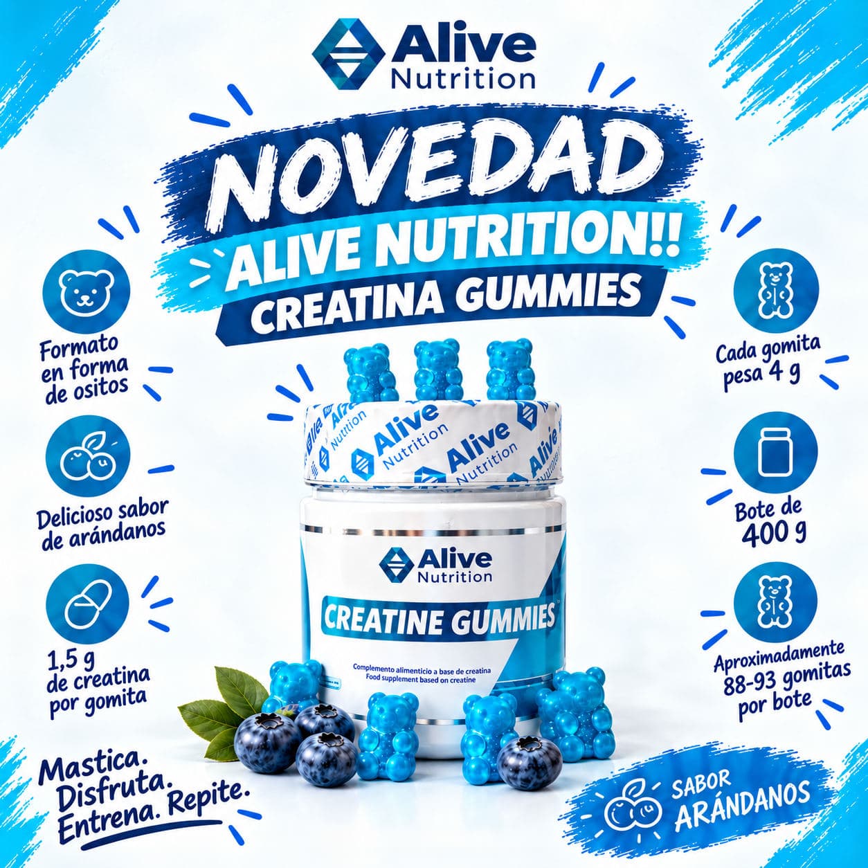 Novedad Alive Nutrition — Creatine Gummies sabor arándanos, bote de 400 g